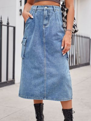 Slimming Washed Denim Midi Skirt