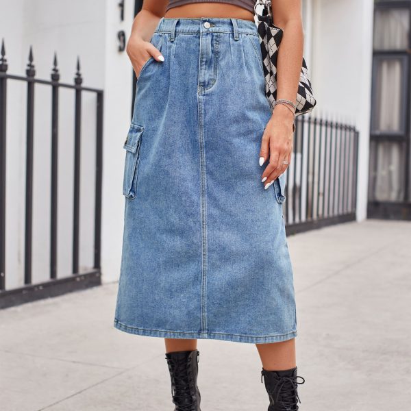 Slimming Washed Denim Midi Skirt