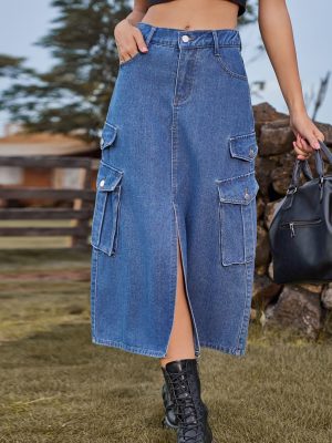 Sexy Elastic Waist Denim Cargo Skirt