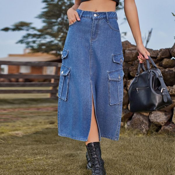 Sexy Elastic Waist Denim Cargo Skirt