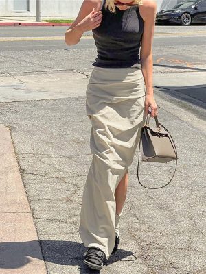 High-Waist Pleated Side-Slit Skirt