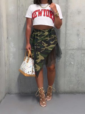 Casual Camouflage Mesh Asymmetric Skirt