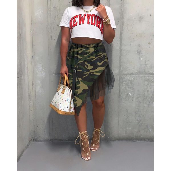 Casual Camouflage Mesh Asymmetric Skirt