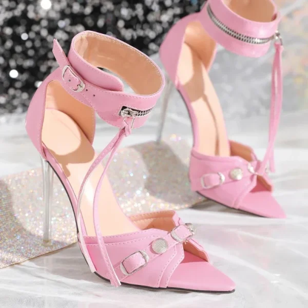 Pink Rivet Ankle Strap High Heels - Image 6