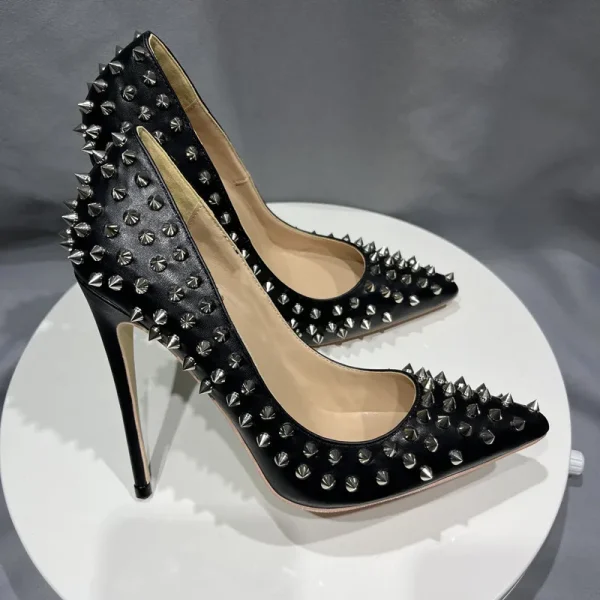 Black Matte Stilettos Silver Spike Heels - Image 2