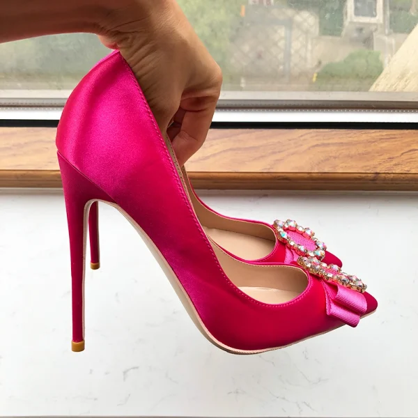 Rose Pink Satin Stilettos Rhinestone Heels