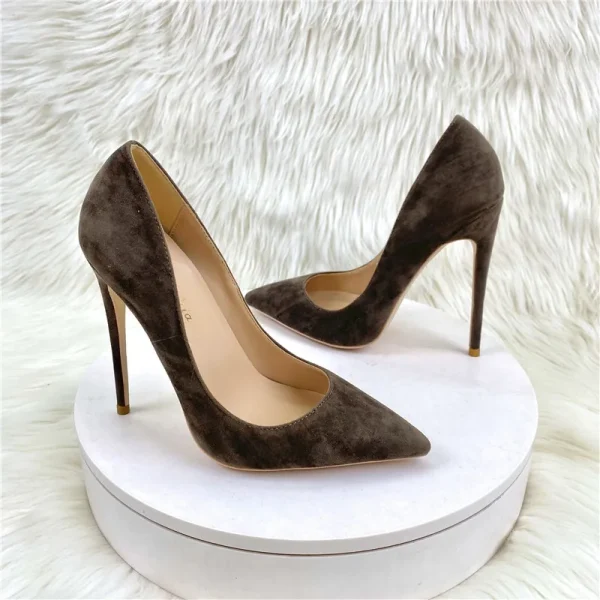 Coffee Brown Suede Stiletto Heels - Image 3