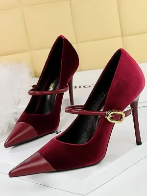 Elegant Suede Leather Pointed Heels Buckle