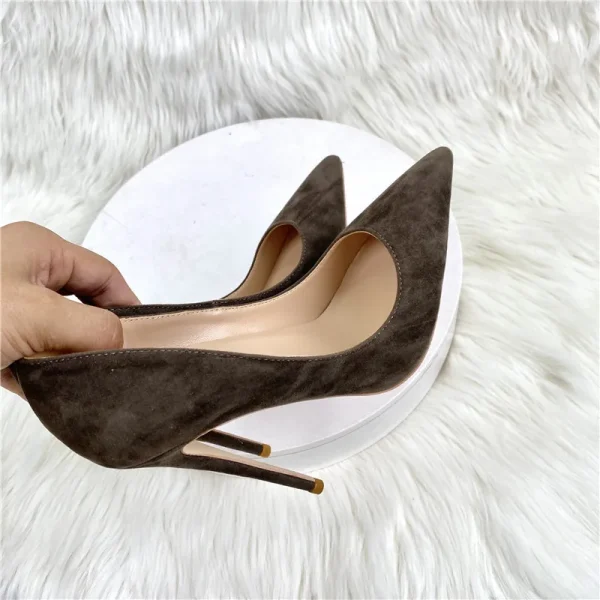 Coffee Brown Suede Stiletto Heels - Image 4