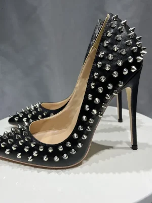 Black Matte Stilettos Silver Spike Heels