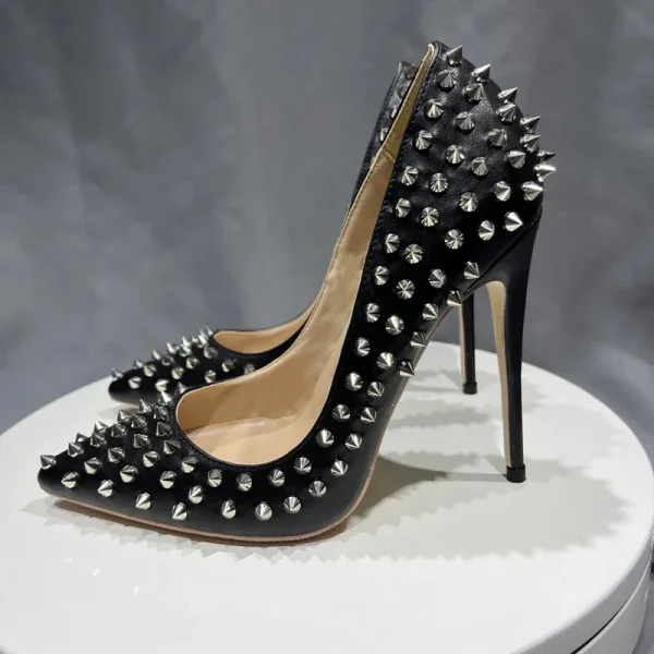 Black Matte Stilettos Silver Spike Heels