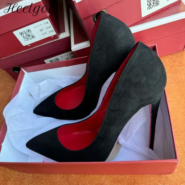 Black Flock Stilettos Red Inside Heels - Image 5