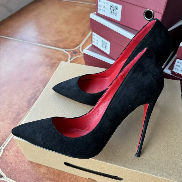 Black Flock Stilettos Red Inside Heels - Image 4