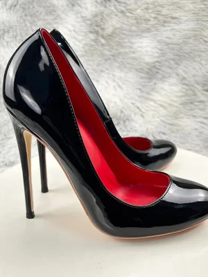 Black Glossy Round Toe Stiletto Heels