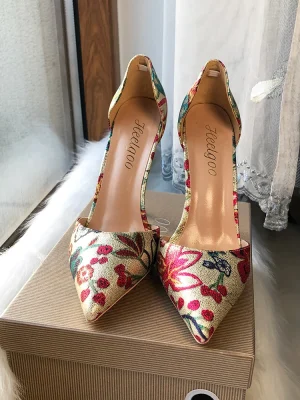 Gold Flower Print D’Orsay Stilettos