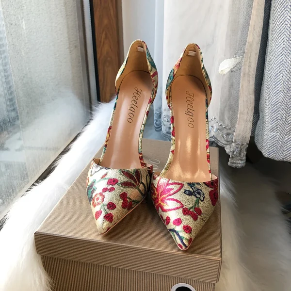 Gold Flower Print D'Orsay Stilettos