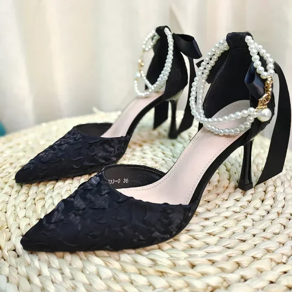 Pearl Bow Pleated Heels Elegant Chic - Image 6