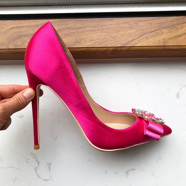 Rose Pink Satin Stilettos Rhinestone Heels - Image 2