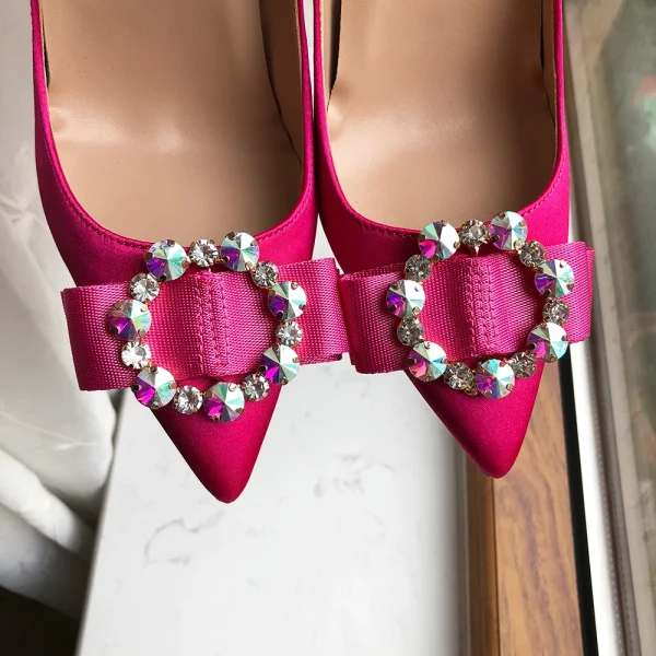 Rose Pink Satin Stilettos Rhinestone Heels - Image 4