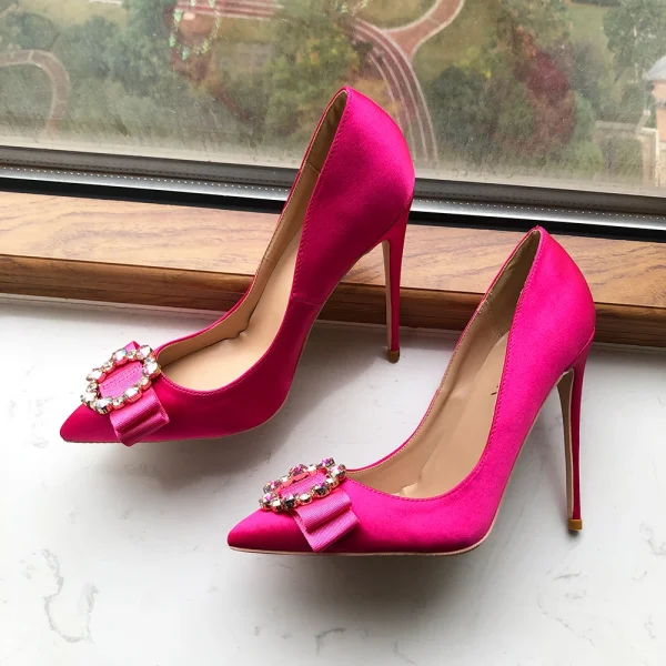 Rose Pink Satin Stilettos Rhinestone Heels - Image 6