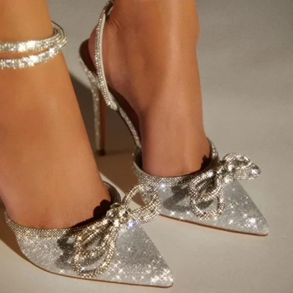 Pointed Toe Bow Rhinestone Heels - Image 4