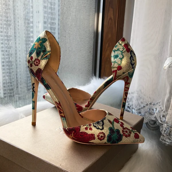 Gold Flower Print D'Orsay Stilettos - Image 4