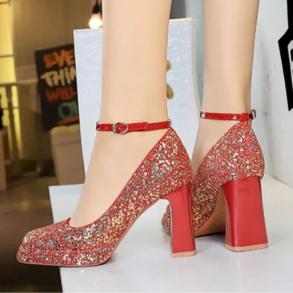 Red Sequin Chunky Heel Ankle Straps - Image 5