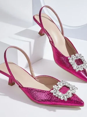 Pink Rhinestone Pointed Mules Low Heels