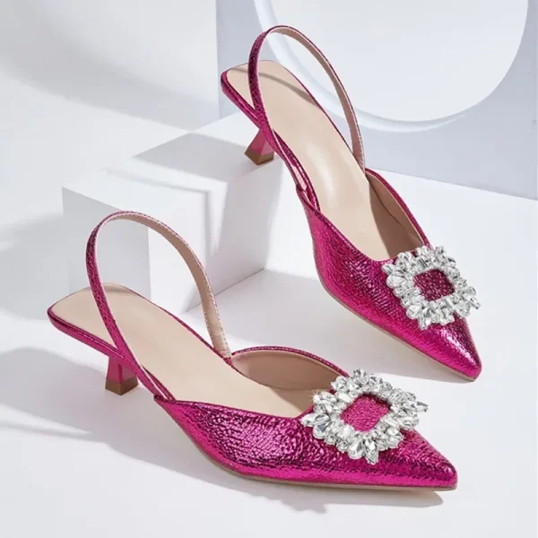 Pink Rhinestone Pointed Mules Low Heels