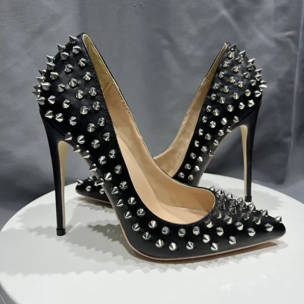 Black Matte Stilettos Silver Spike Heels - Image 3