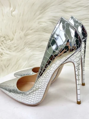 Silver Croc-Effect Stiletto Heels