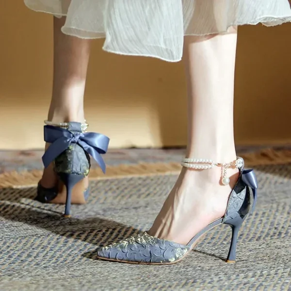 Pearl Bow Pleated Heels Elegant Chic - Image 4