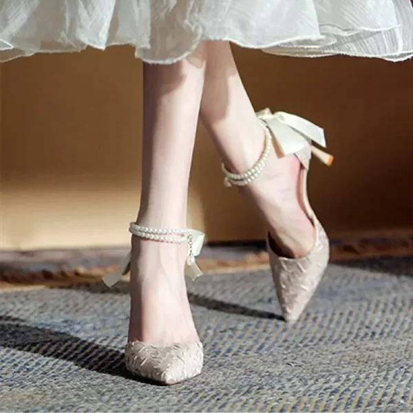 Pearl Bow Pleated Heels Elegant Chic - Image 5