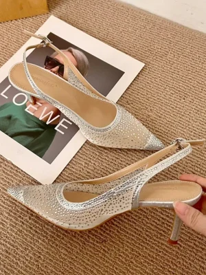 Luxury Mesh Rhinestone Pointed Heel Sandals