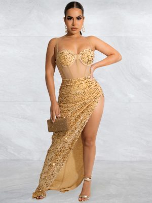 Sexy Sequin Mesh Slit Dress