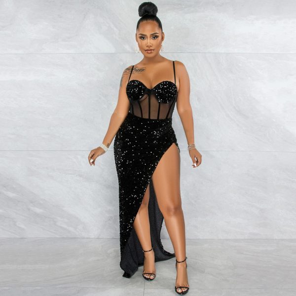 Sexy Sequin Mesh Slit Dress - Image 2