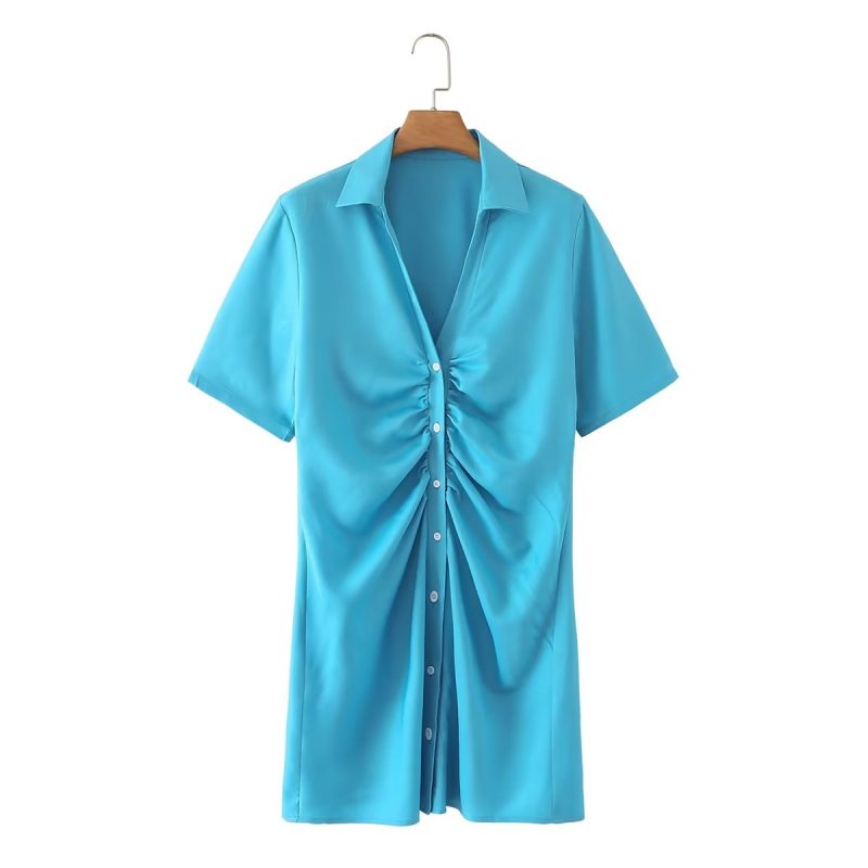 Decorative Pleated Satin Shirt Dress