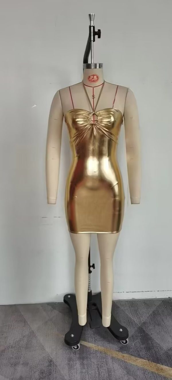 Sexy Halter Backless Gold Sheath Dress - Image 3