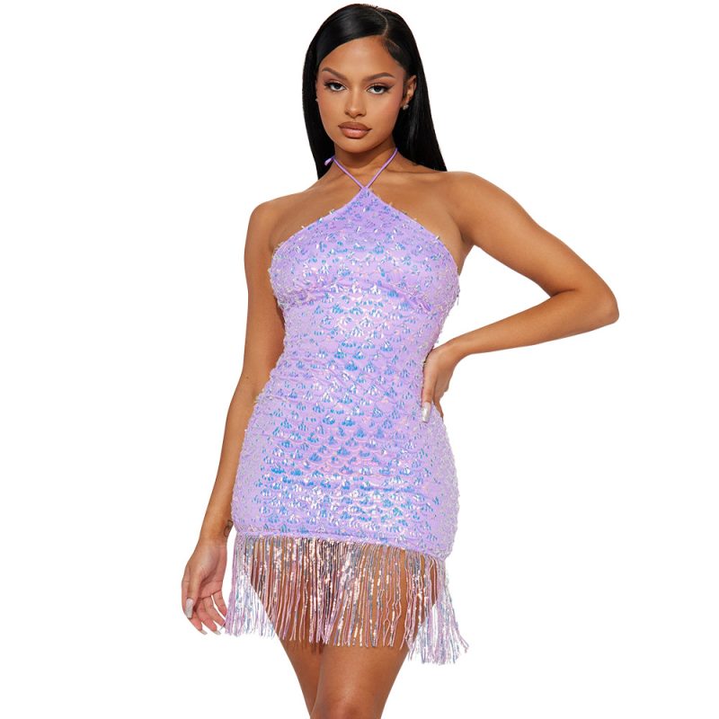 Sexy Lace-Up Halter Sequin Dress
