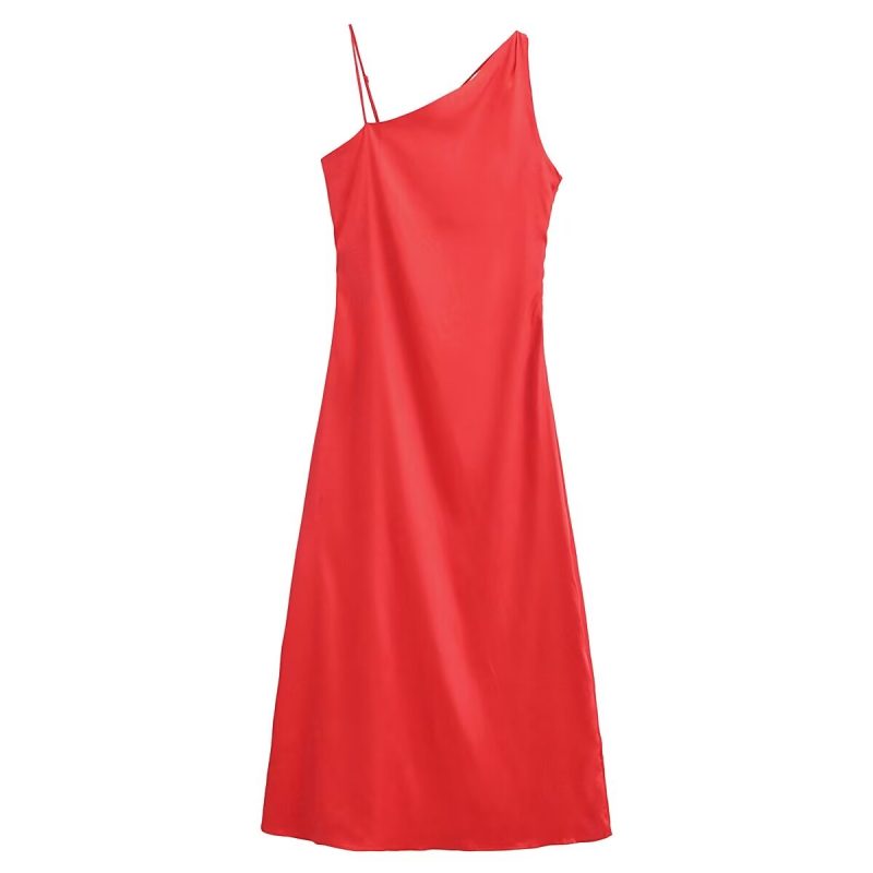 Slant Shoulder Satin Dinner Dress