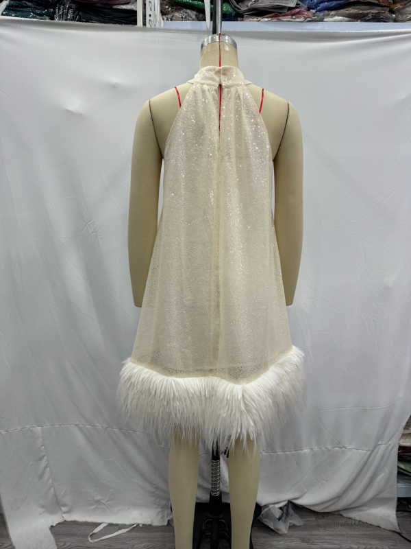 Furry Hem Sequin Halter Dress - Image 3