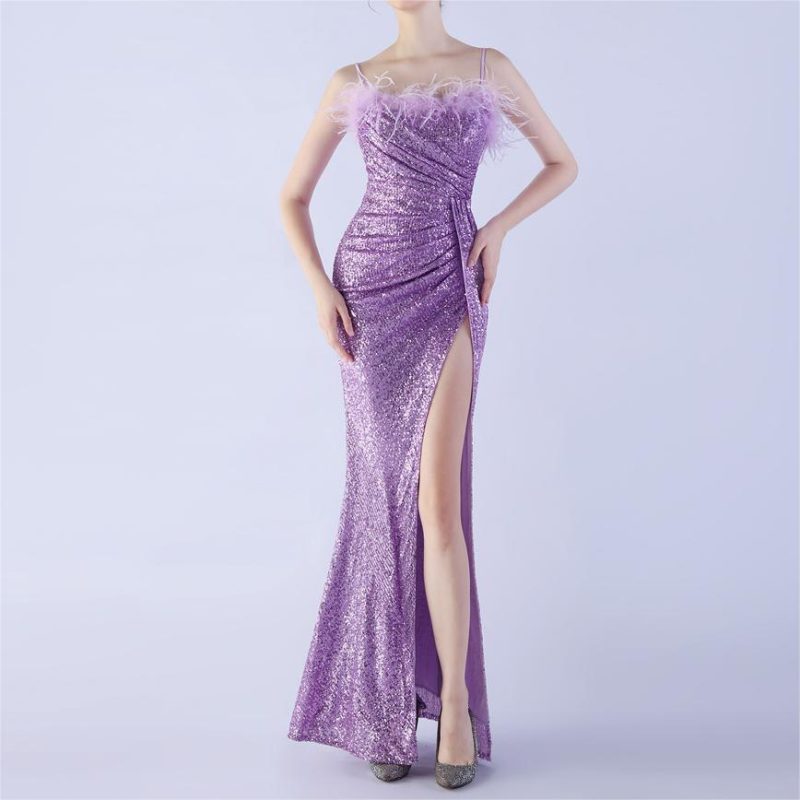 Feather Sequin Bandeau Slit Dress
