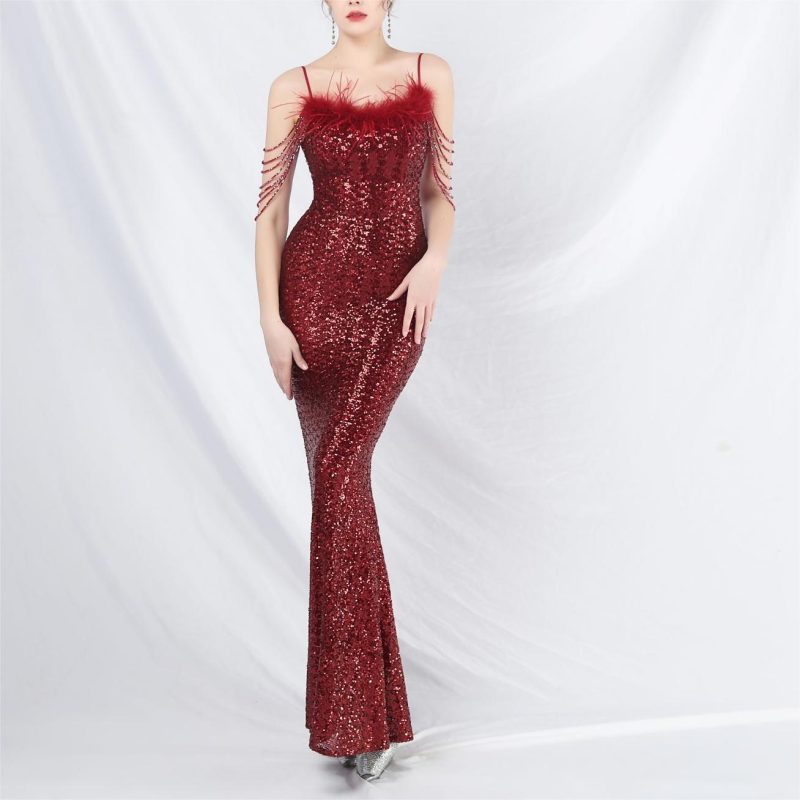 Colorful Sequin Feather Gown