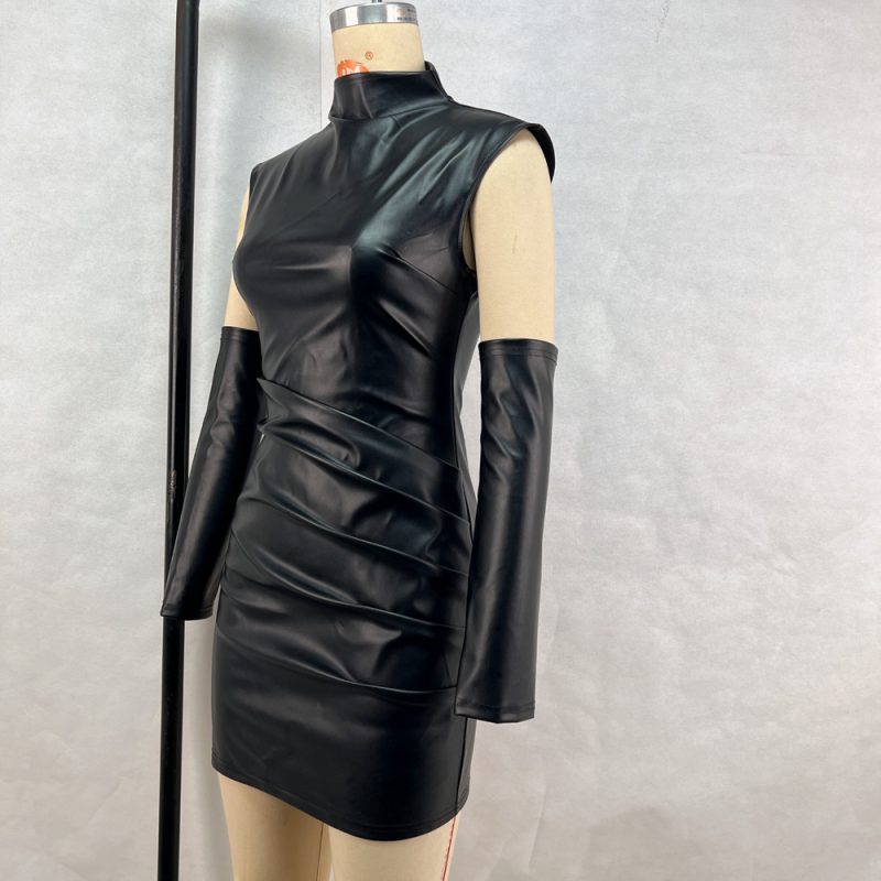 Street Hipster Faux Leather Pleated Sheath Dress - Image 4