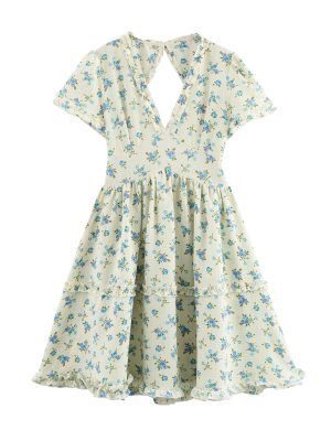 Spring Floral Flounce Cutout Short Sleeve Dress