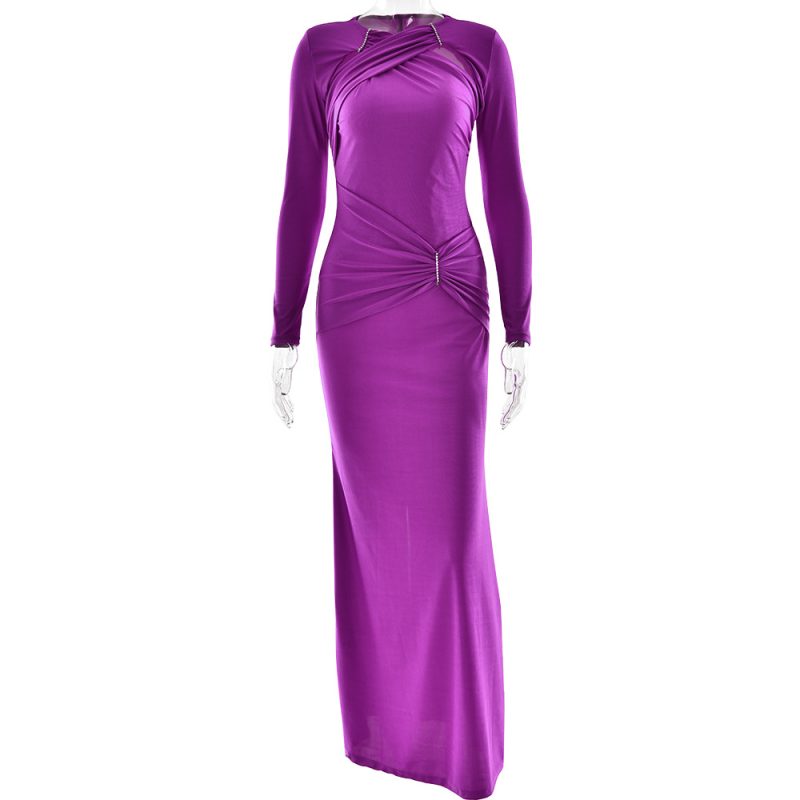 Sexy Slim Pleated Long Sleeve Maxi Dress - Image 3