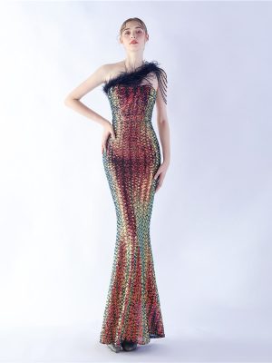 Beaded Sequin Ostrich Gown