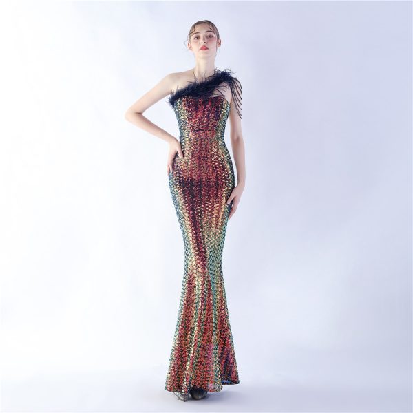 Beaded Sequin Ostrich Gown