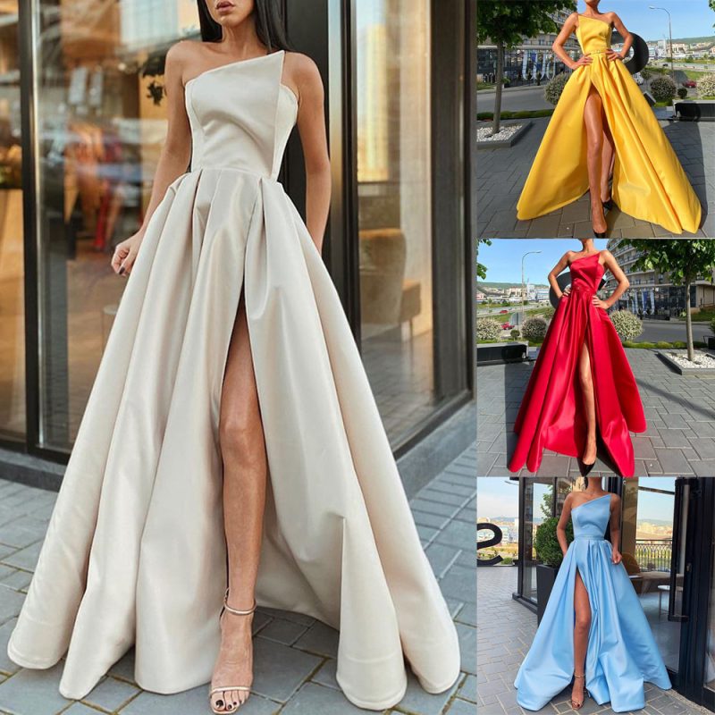 One-Shoulder Sexy Slit Maxi Swing Dress - Image 4