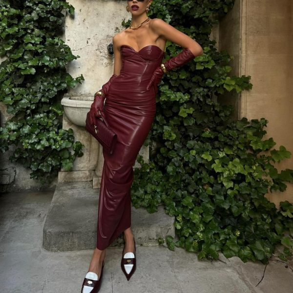 Elegant Faux Leather Tube Top Split Dress - Image 4